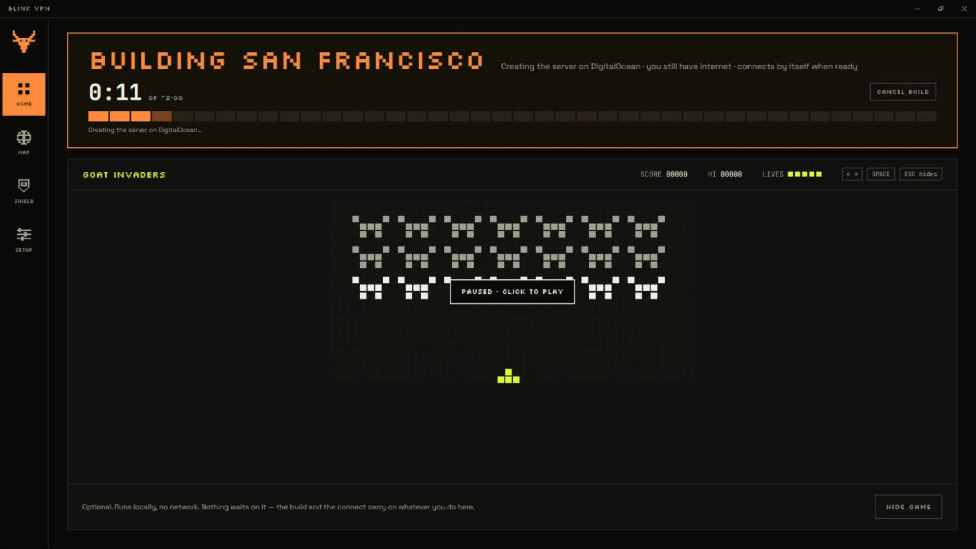 Build progress bar for a San Francisco server above a paused Goat Invaders game.