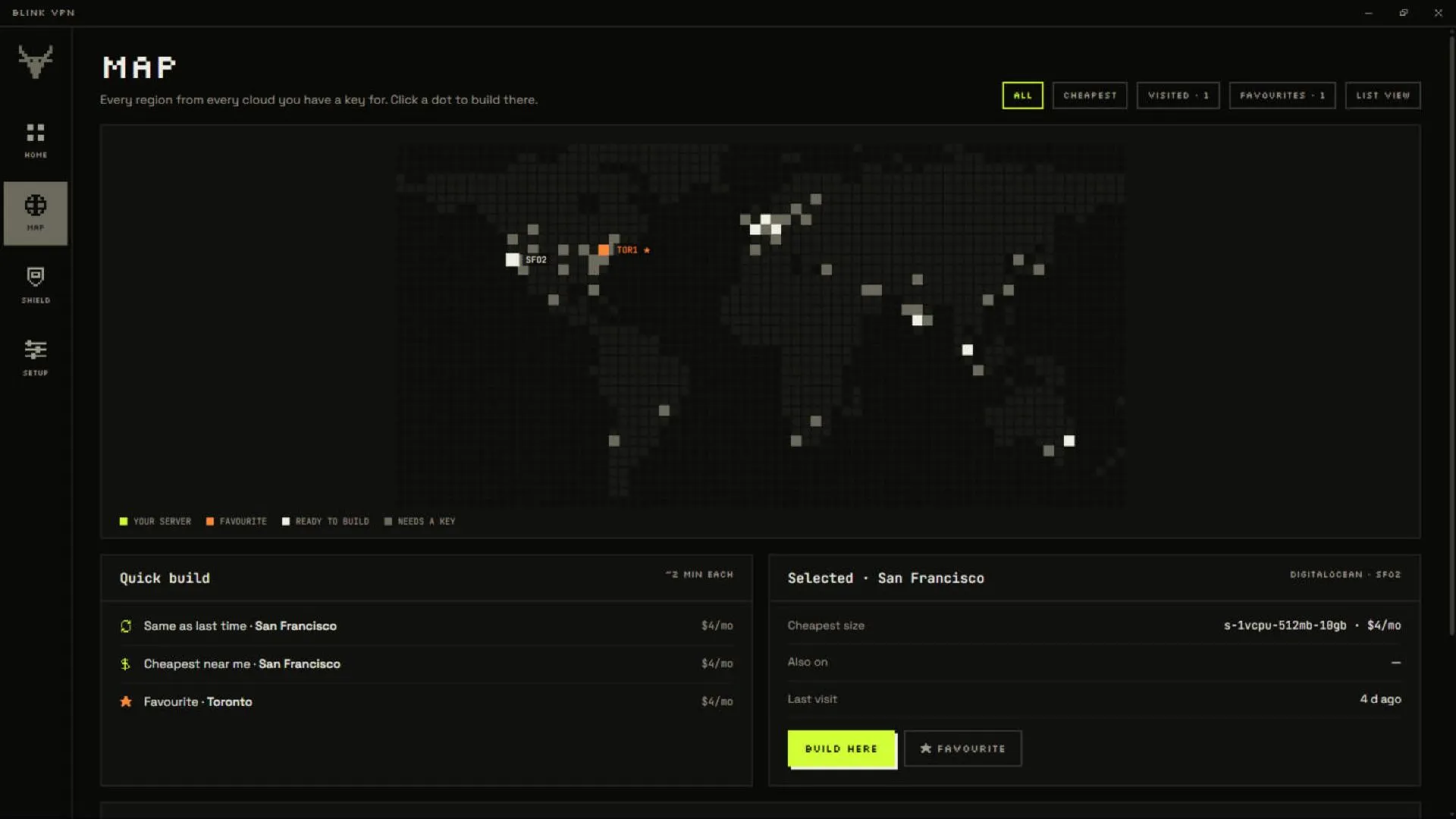 Pixel world map of cloud regions, with San Francisco selected and a Build here button.