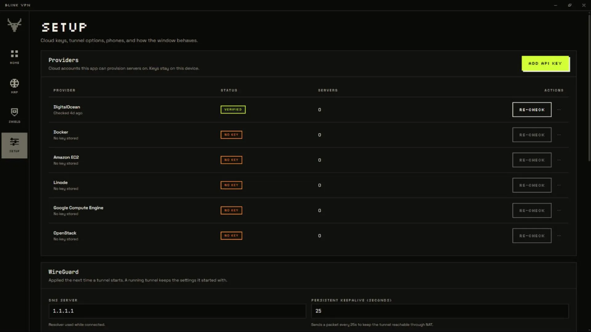 Setup screen listing cloud providers: DigitalOcean verified, others with no key stored.